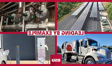 A collage showing solar panels, insulation, a trash truck, an electric vehicle charging station, and the text Leading By Example